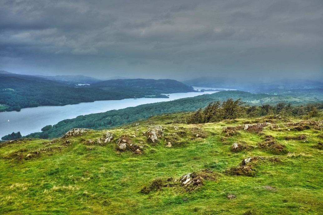 Yacht on Lake Windermere viewed from the top of Gummer's How