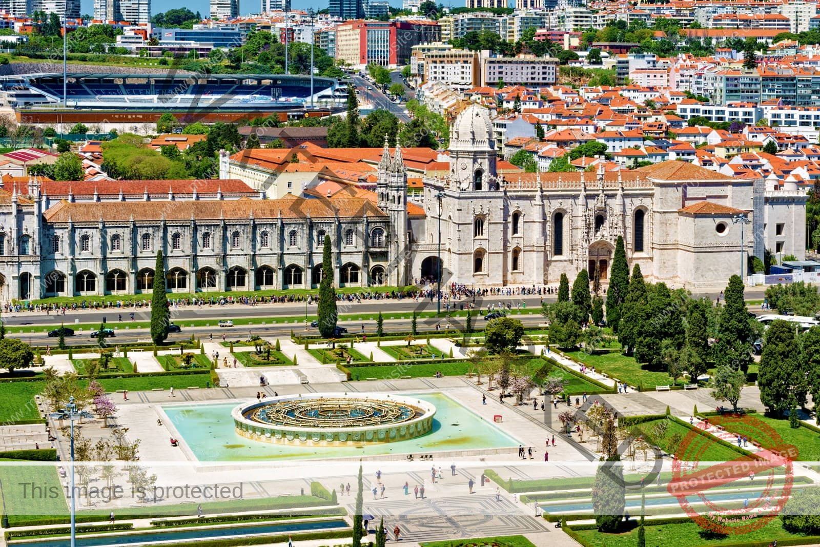 Jerónimos Monastery (with queues) viewed from the top of the Discoveries Monument