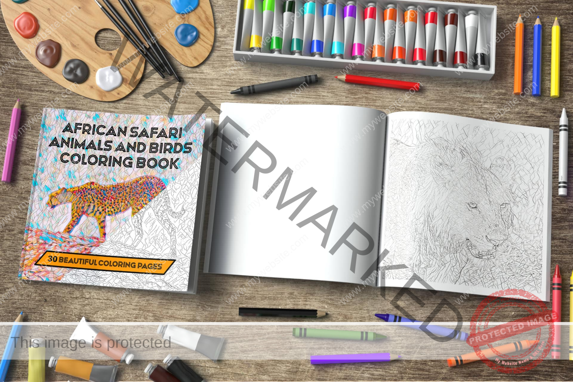 African Safari Animals and Birds Coloring Book on tabletop with artist materials